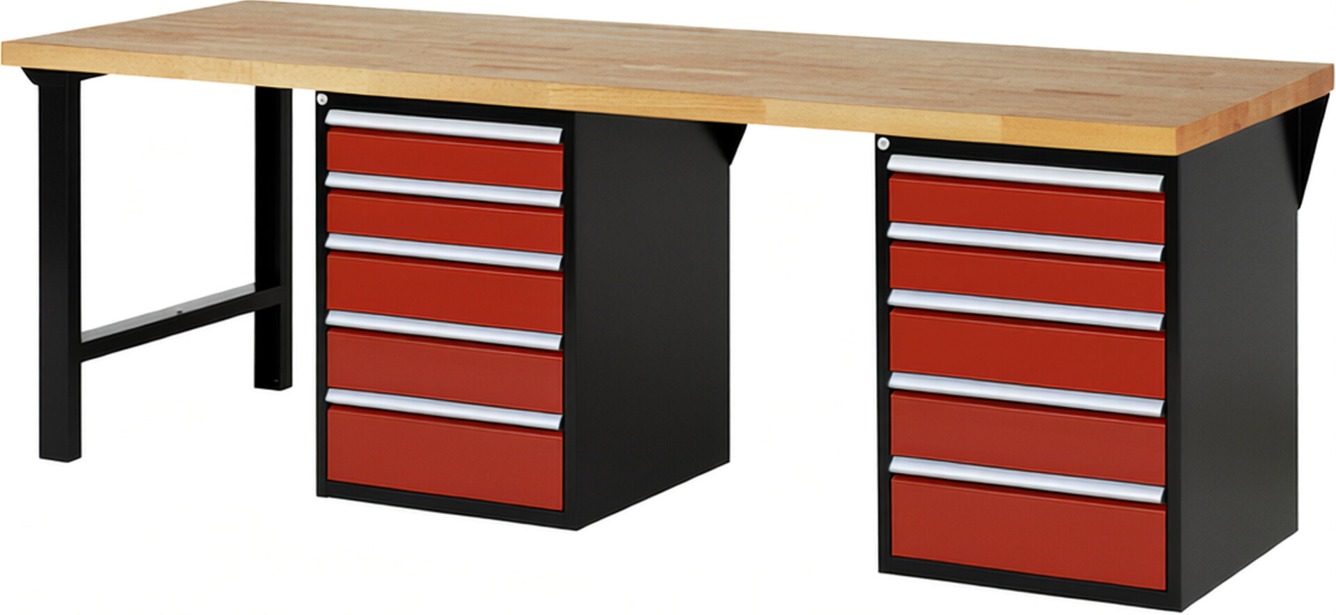 Werkbank Modell 7513 schwarz-rot, BxTxH 2500x900x840 mm,  Buche-Massiv Arbeitsplatte 40 mm,  10 Schubladen mit  Auszug 90 %
