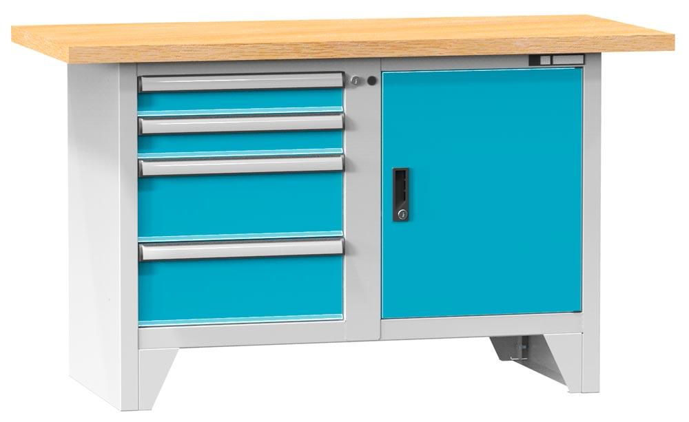 Werkbank, BxTxH 1500x700x880mm, 2 Module, 4 Schubladen 2x100, 2x200 mm, 1 Tür, 1 Boden, Traglast 800 kg, RAL 7035/5012