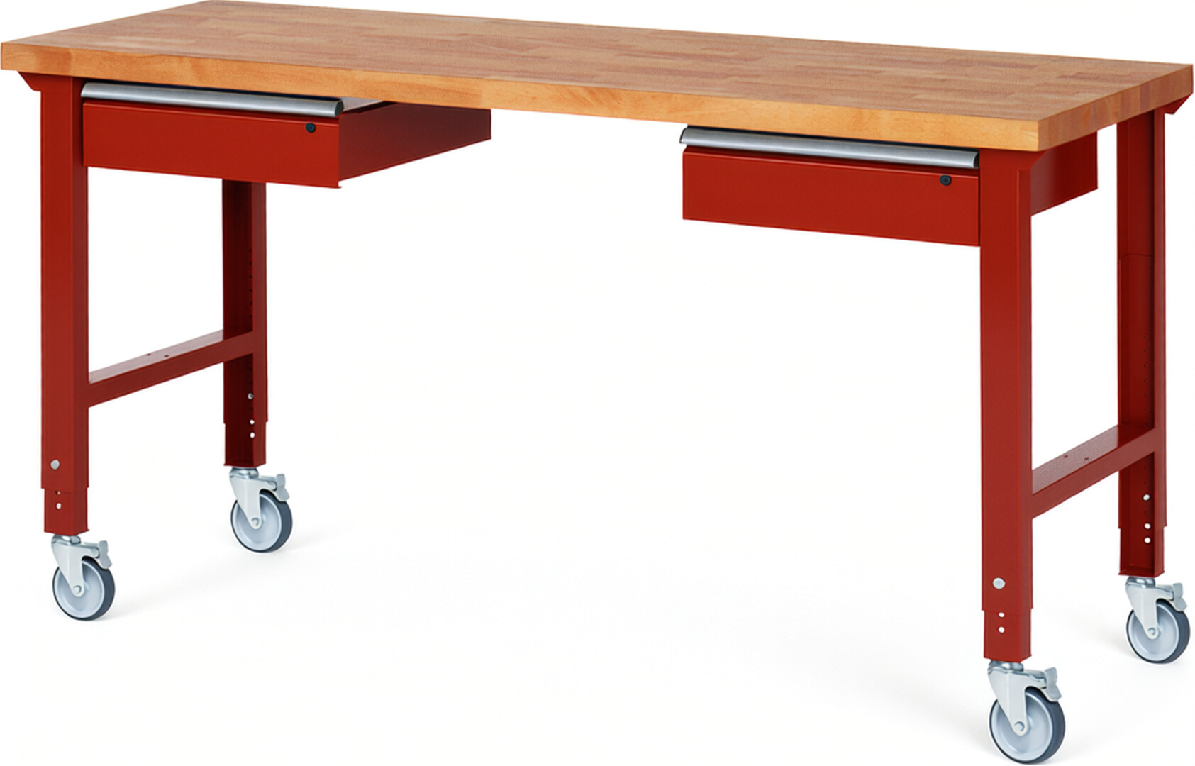Fahrbare Werkbank Modell 7002 rot, BxTxH 2000x700x950-1000 mm,  Buche-Massiv Arbeitsplatte 40 mm,  2 Schubladen mit  Auszug 90 %