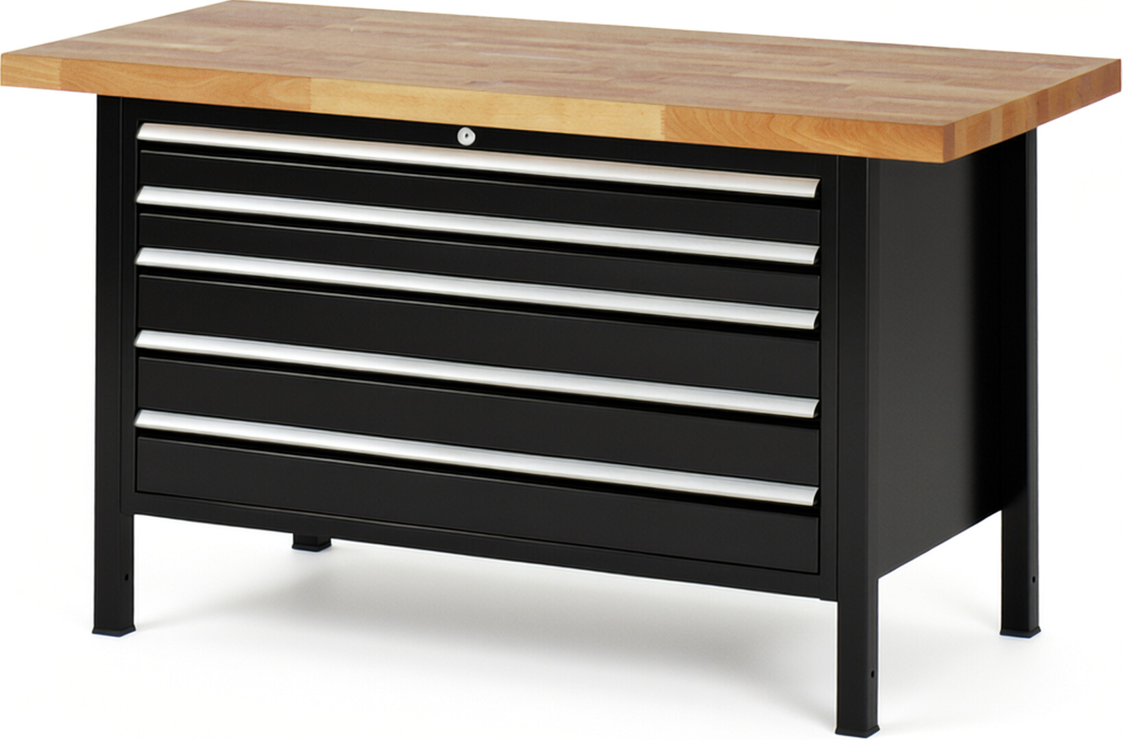 Werkbank Modell 8371 schwarz, BxTxH 1500x700x840-1040 mm,  Buche-Massiv Arbeitsplatte 40 mm,  5 Schubladen mit  Vollauszug 100 % und  SoftClosing