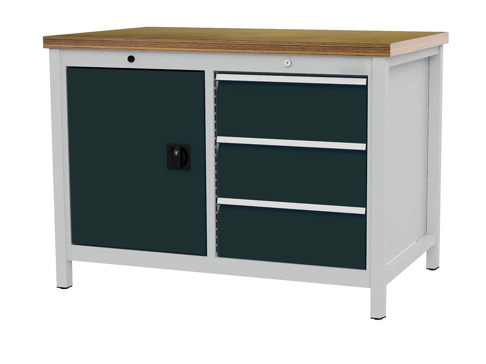 Werkbank, Platte Buche Multiplex 40 mm, BxTxH 1250x750x859 mm, 3 Schubladen 200 mm, 1 Tür 600 mm, RAL 7035/7016
