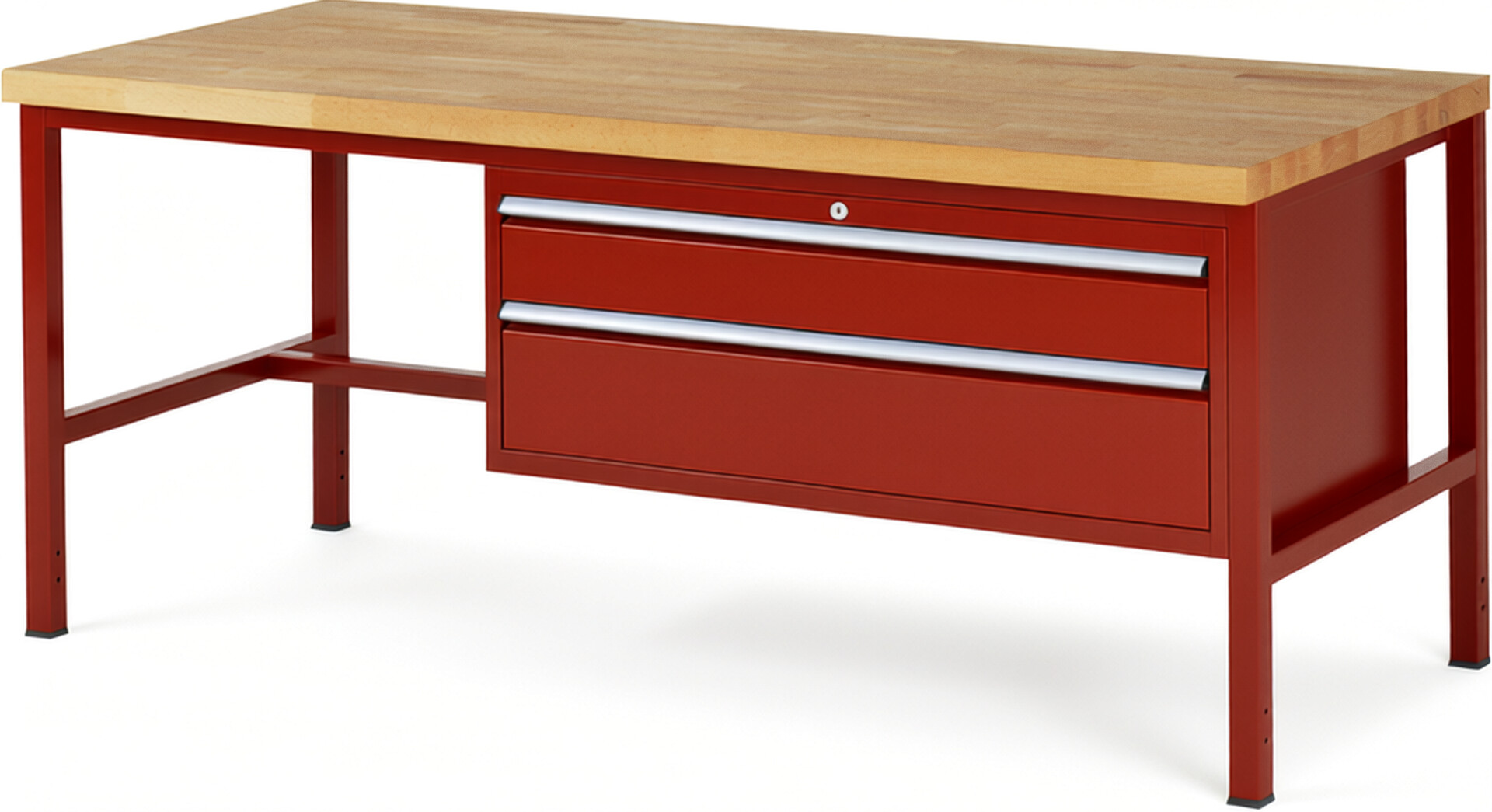 Werkbank Modell 8323 rot, BxTxH 2000x900x840-1040 mm,  Buche-Massiv Arbeitsplatte 40 mm,  2 Schubladen mit  Vollauszug 100 % und  SoftClosing