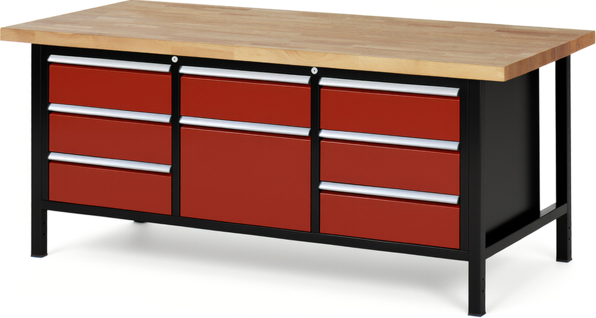 RAU Werkbank schwarz - rot - Breite 200 cm - Tiefe 90 cm - Höhe 104 cm - Buche-Massiv Arbeitsplatte 40 mm