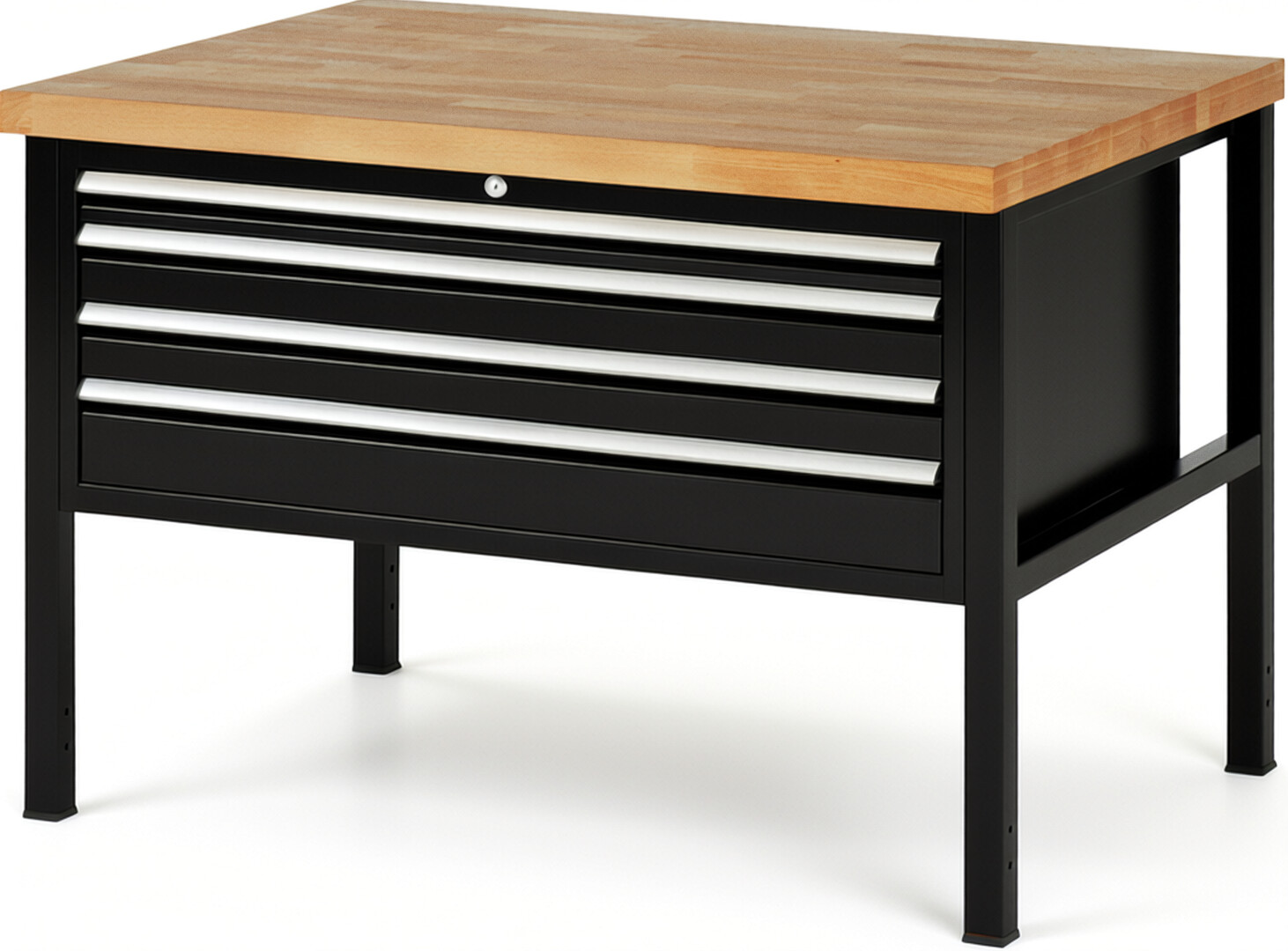 Werkbank Modell 8332 schwarz, BxTxH 1250x900x840-1040 mm,  Buche-Massiv Arbeitsplatte 40 mm,  4 Schubladen mit  Vollauszug 100 % und  SoftClosing