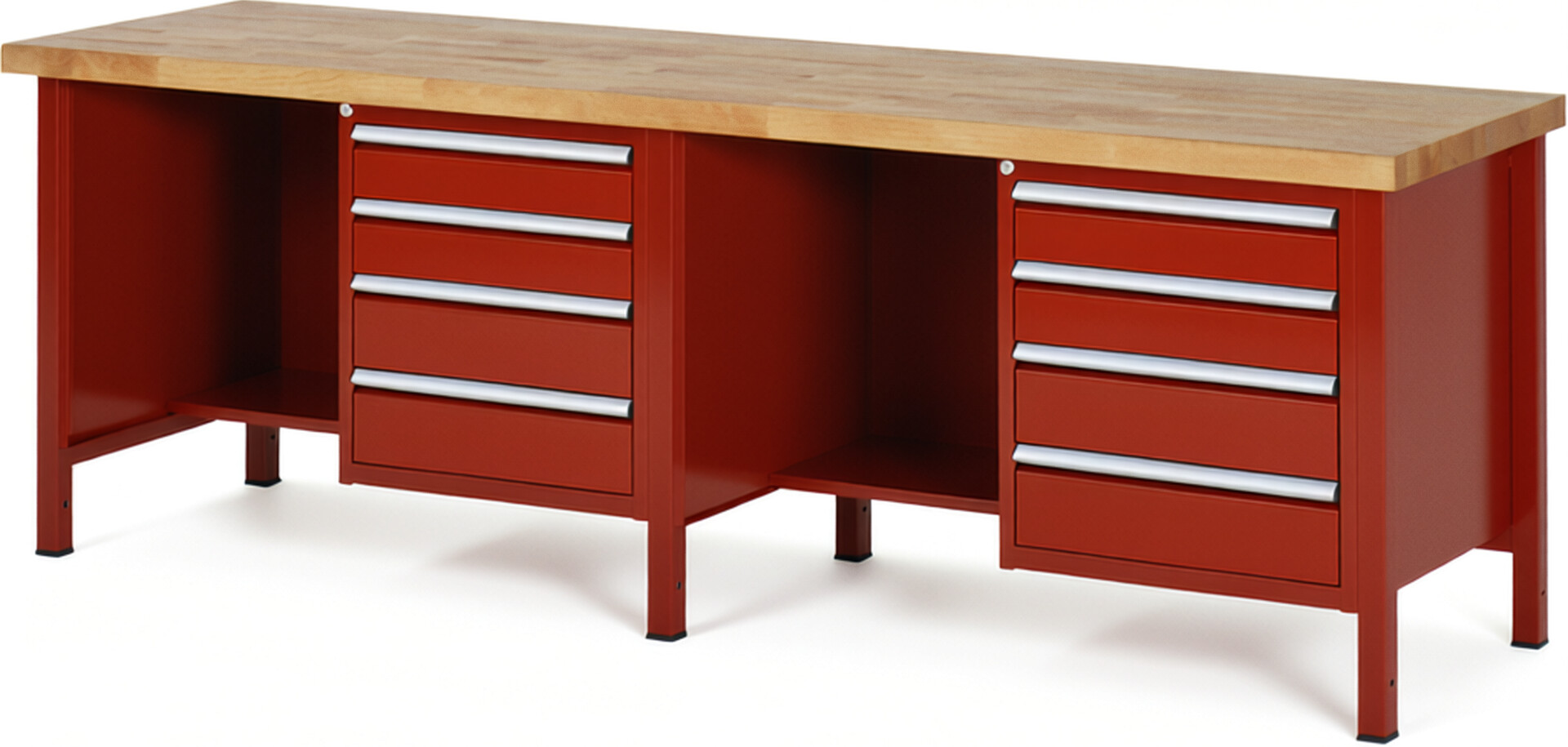 Werkbank Modell 8453 rot, BxTxH 2500x700x840-1040 mm,  Buche-Massiv Arbeitsplatte 40 mm,  8 Schubladen mit  Auszug 90 %