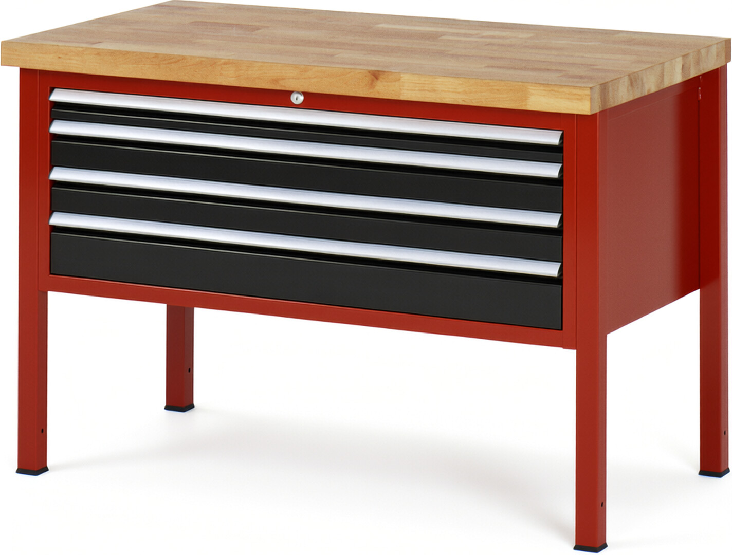Werkbank Modell 8332 rot - schwarz, BxTxH 1250x700x840 mm,  Buche-Massiv Arbeitsplatte 40 mm,  4 Schubladen mit  Vollauszug 100 % und  SoftClosing