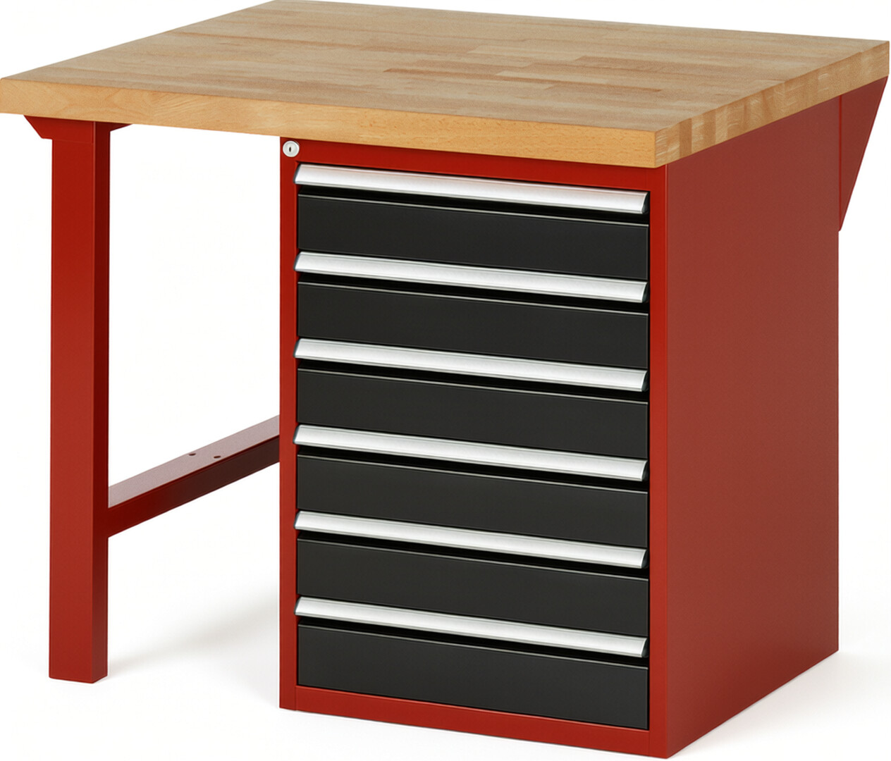 Werkbank Modell 7516 rot - schwarz, BxTxH 1000x900x890 mm,  Buche-Massiv Arbeitsplatte 40 mm,  6 Schubladen mit  Auszug 90 %