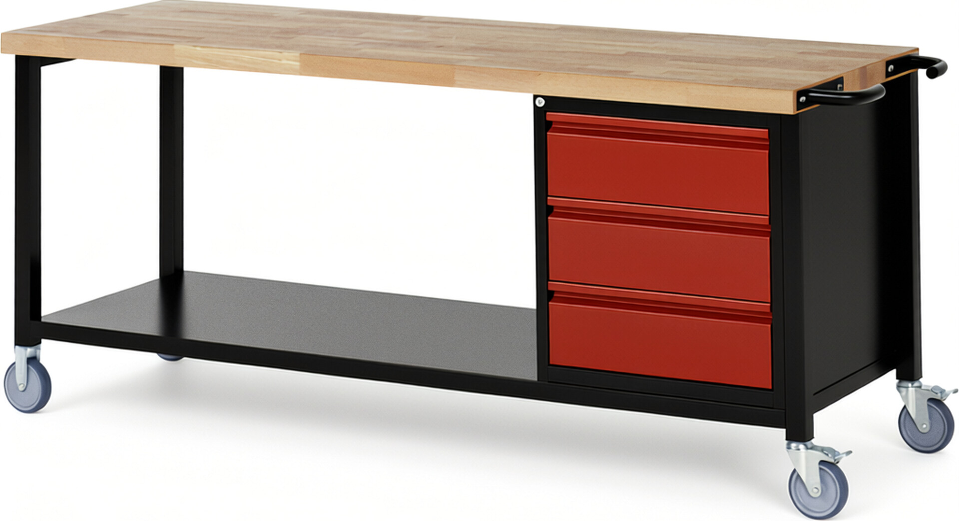 RAU Werkbank schwarz - rot - Breite 200 cm - Tiefe 70 cm - Höhe 88 cm - Buche-Massiv Arbeitsplatte 40 mm