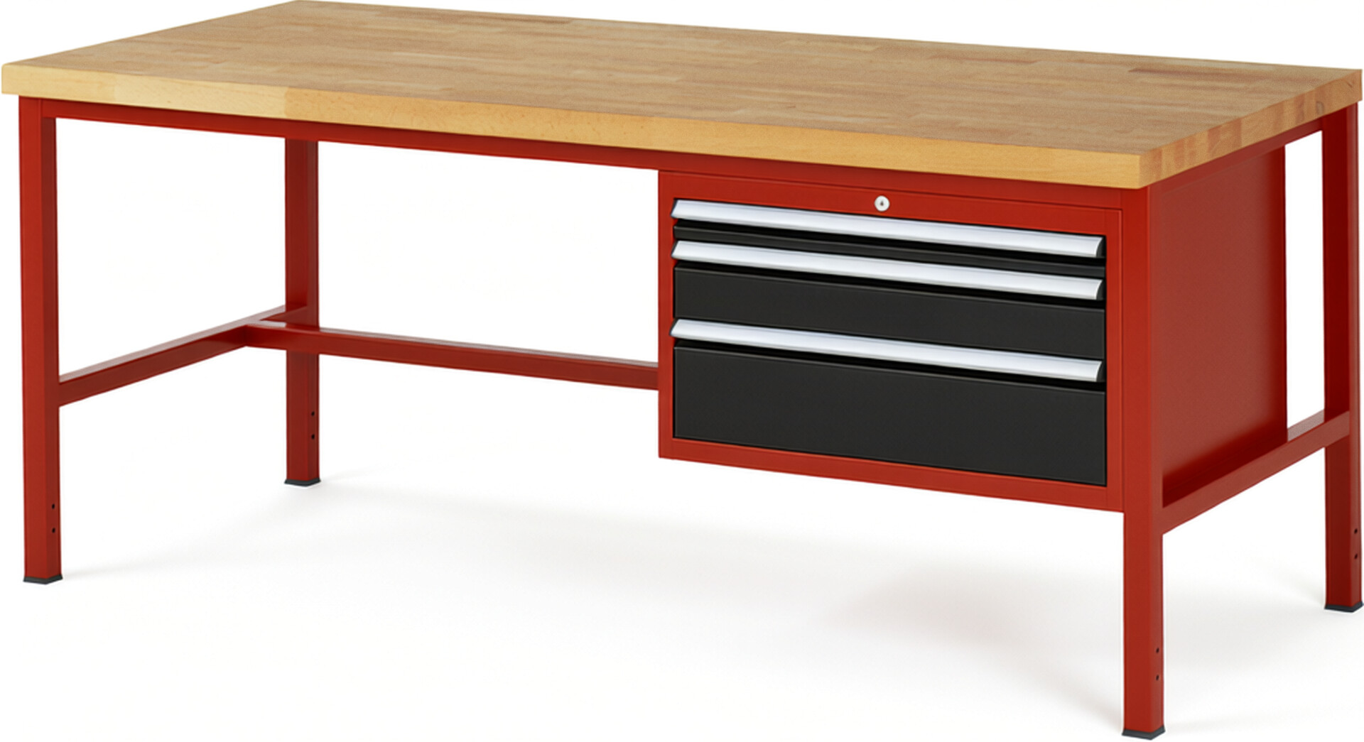 Werkbank Modell 8226 rot - schwarz, BxTxH 2000x900x840-1040 mm,  Buche-Massiv Arbeitsplatte 40 mm,  3 Schubladen mit  Auszug 90 %
