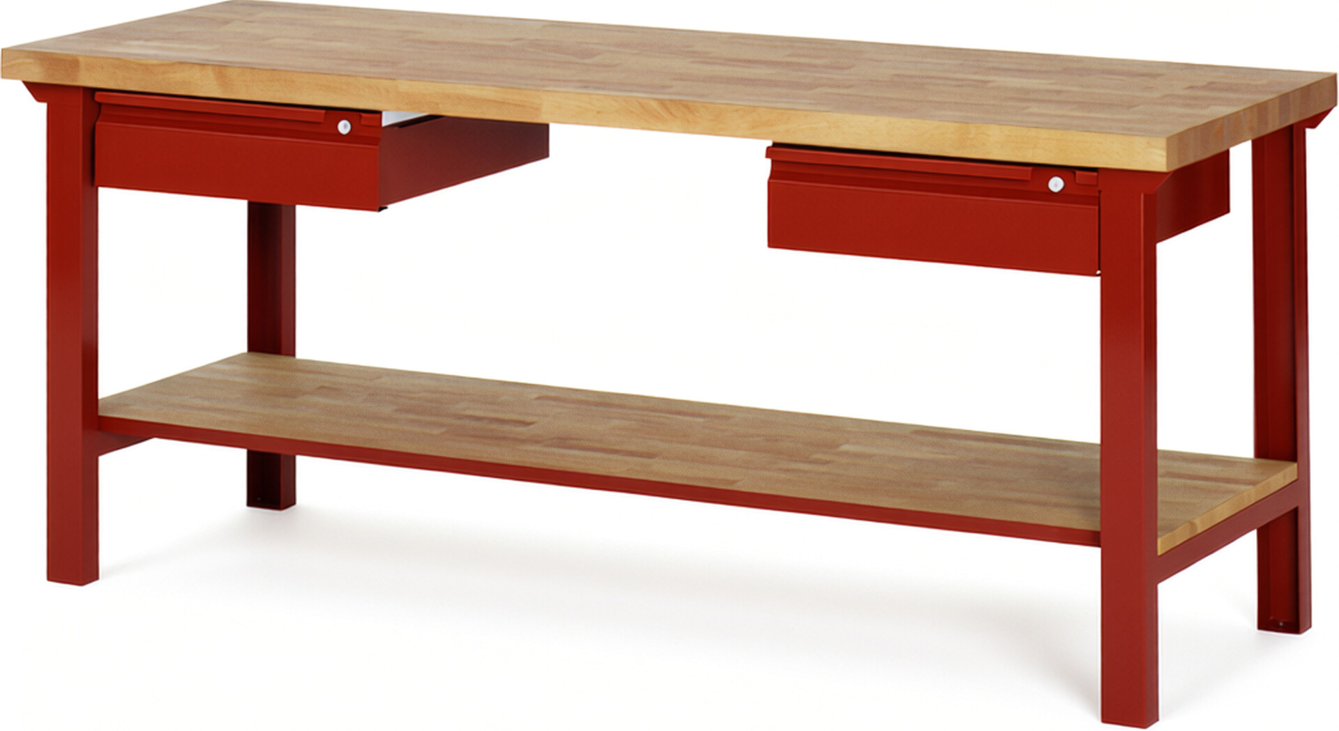 Werkbank - Modell 7002 BASIC rot, BxTxH 2000x700x840 mm,  Buche-Massiv Arbeitsplatte 40 mm,  2 Schubladen mit  Auszug 90 %