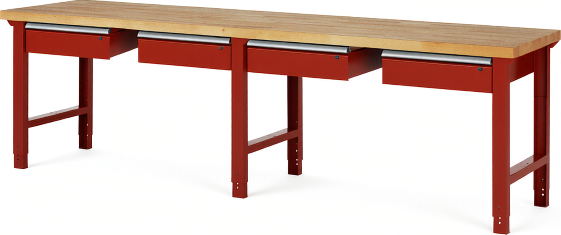 Werkbank Modell 7002 rot, BxTxH 3000x700x790-1140 mm,  Buche-Massiv Arbeitsplatte 40 mm,  4 Schubladen mit  Auszug 90 %