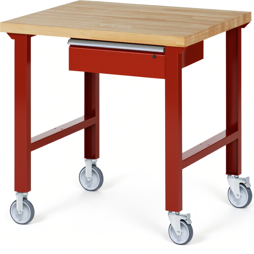 Fahrbare Werkbank Modell 7001 rot, BxTxH 1000x900x1000 mm,  Buche-Massiv Arbeitsplatte 40 mm,  1 Schublade mit  Auszug 90 %