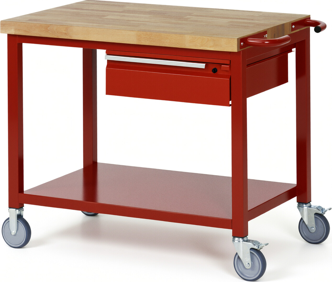Fahrbare Werkbank - Modell 8001 BASIC rot, BxTxH 1000x700x880 mm,  Buche-Massiv Arbeitsplatte 40 mm,  1 Schublade mit  Auszug 90 %