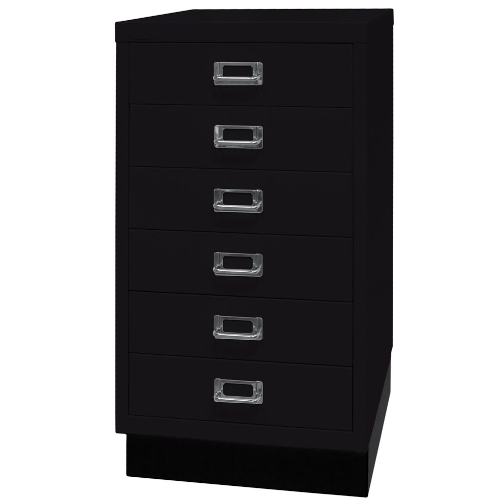 Schubladenschrank aus Stahl, BxTxH 349x432x670 mm, 6 Schubladen 87 mm, DIN A3, Sockel 80 mm hoch, schwarz
