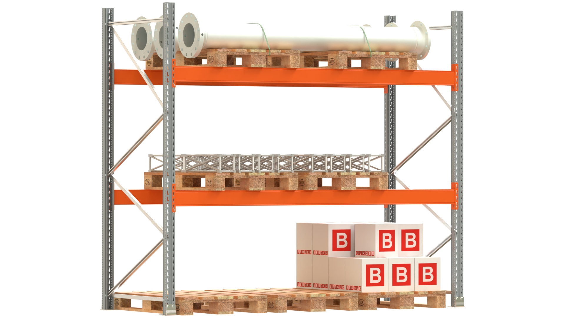 Palettenregal ARTUS - Breite 287 cm - Höhe 250 cm - Tiefe 110 cm - 2 Träger-Ebenen - Fachlast 3000 kg - 9 Palettenstellplätze