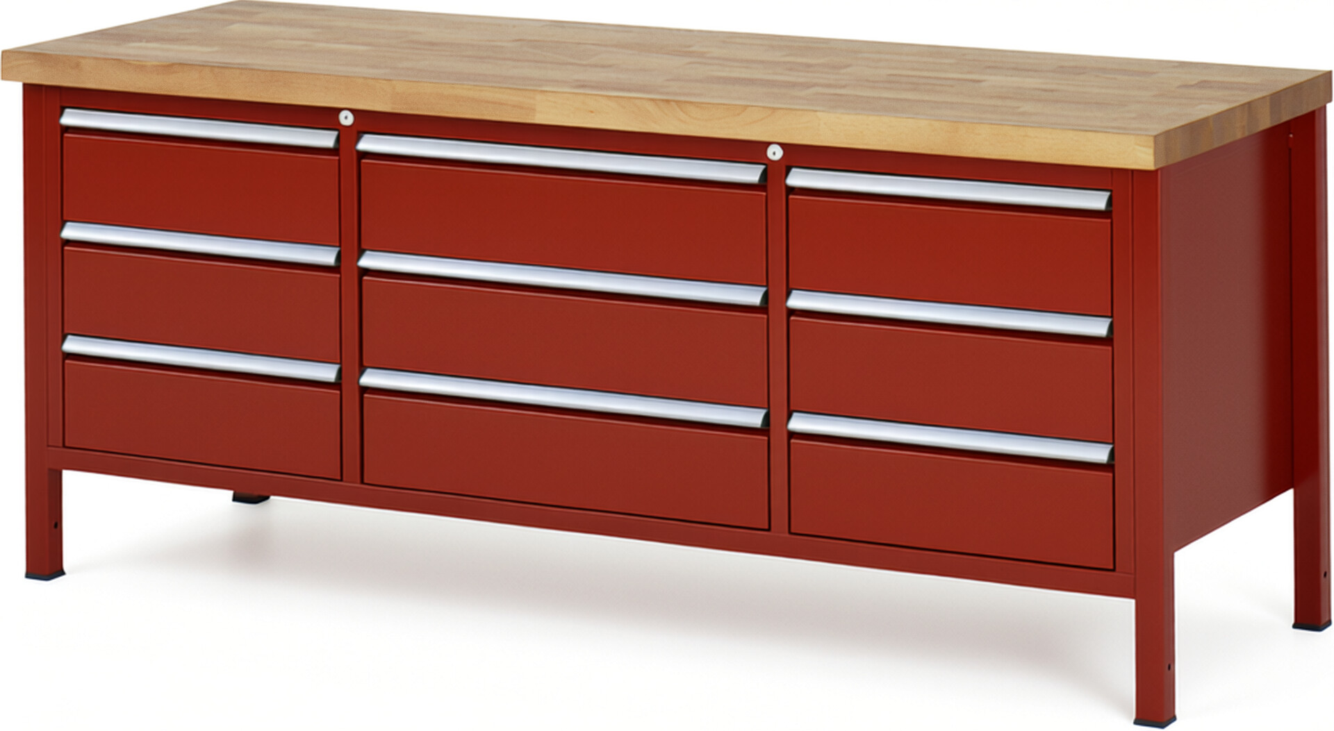 Werkbank Modell 8754 rot, BxTxH 2000x700x840-1040 mm,  Buche-Massiv Arbeitsplatte 40 mm,  9 Schubladen mit  Auszug 90 %