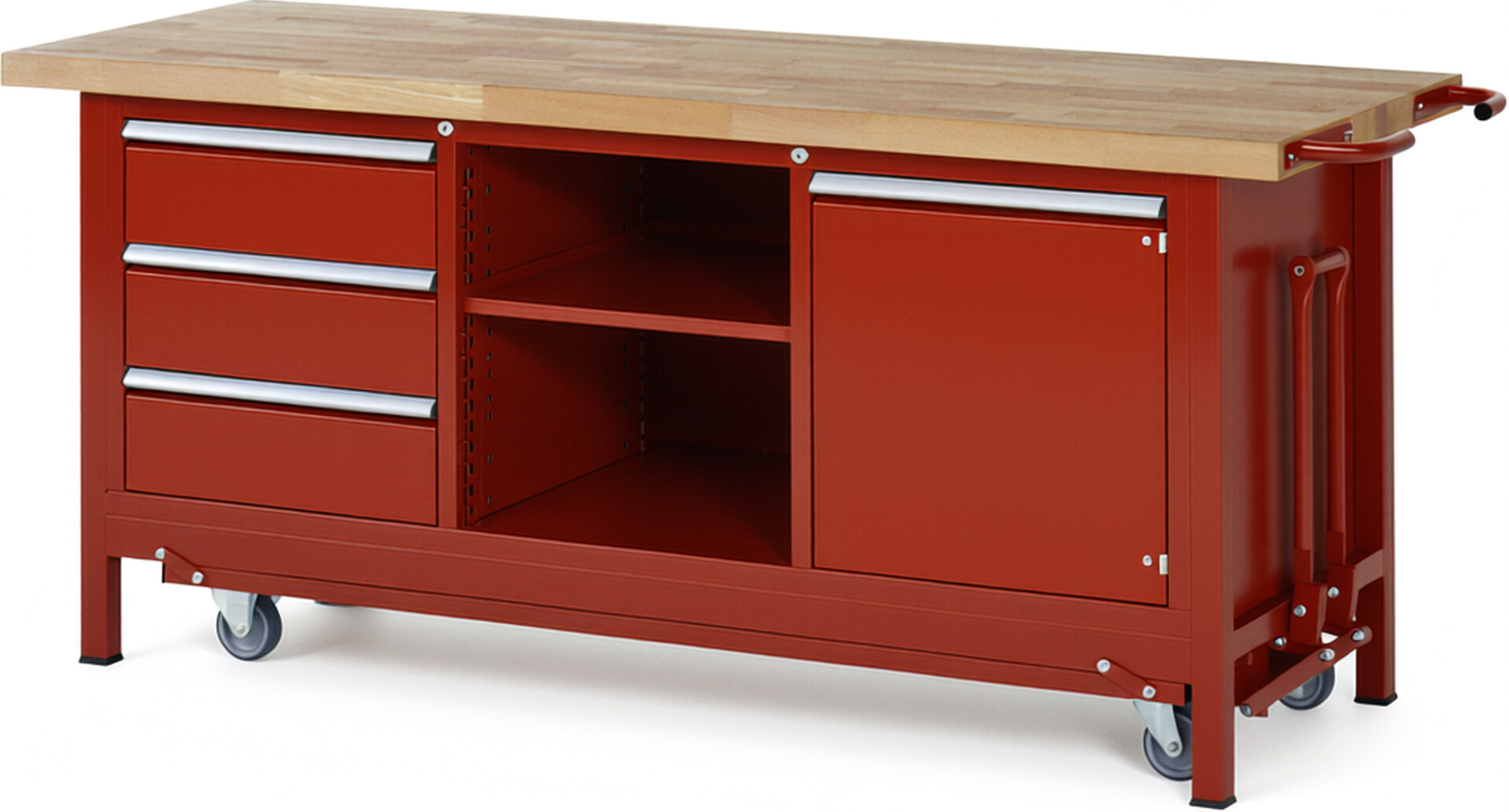 Absenkbare Werkbank Modell 8563 rot, BxTxH 2000x700x880 mm,  Buche-Massiv Arbeitsplatte 40 mm,  3 Schubladen mit  Vollauszug 100 % und  SoftClosing