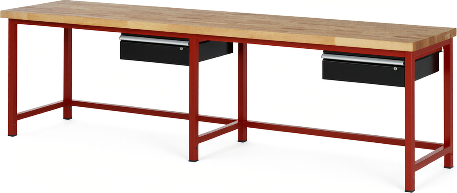 Werkbank Modell 8001 rot - schwarz, BxTxH 3000x700x840-1040 mm,  Buche-Massiv Arbeitsplatte 40 mm,  2 Schubladen mit  Auszug 90 %