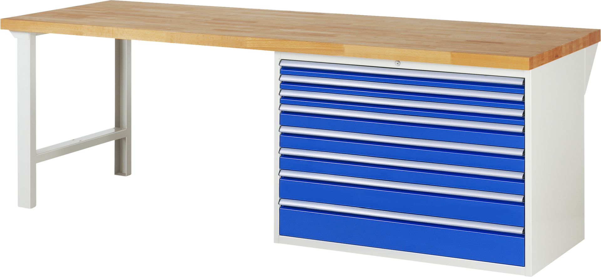 Werkbank Modell 7719 rot - schwarz, BxTxH 2500x900x840 mm,  Buche-Massiv Arbeitsplatte 40 mm,  8 Schubladen mit  Auszug 90 %