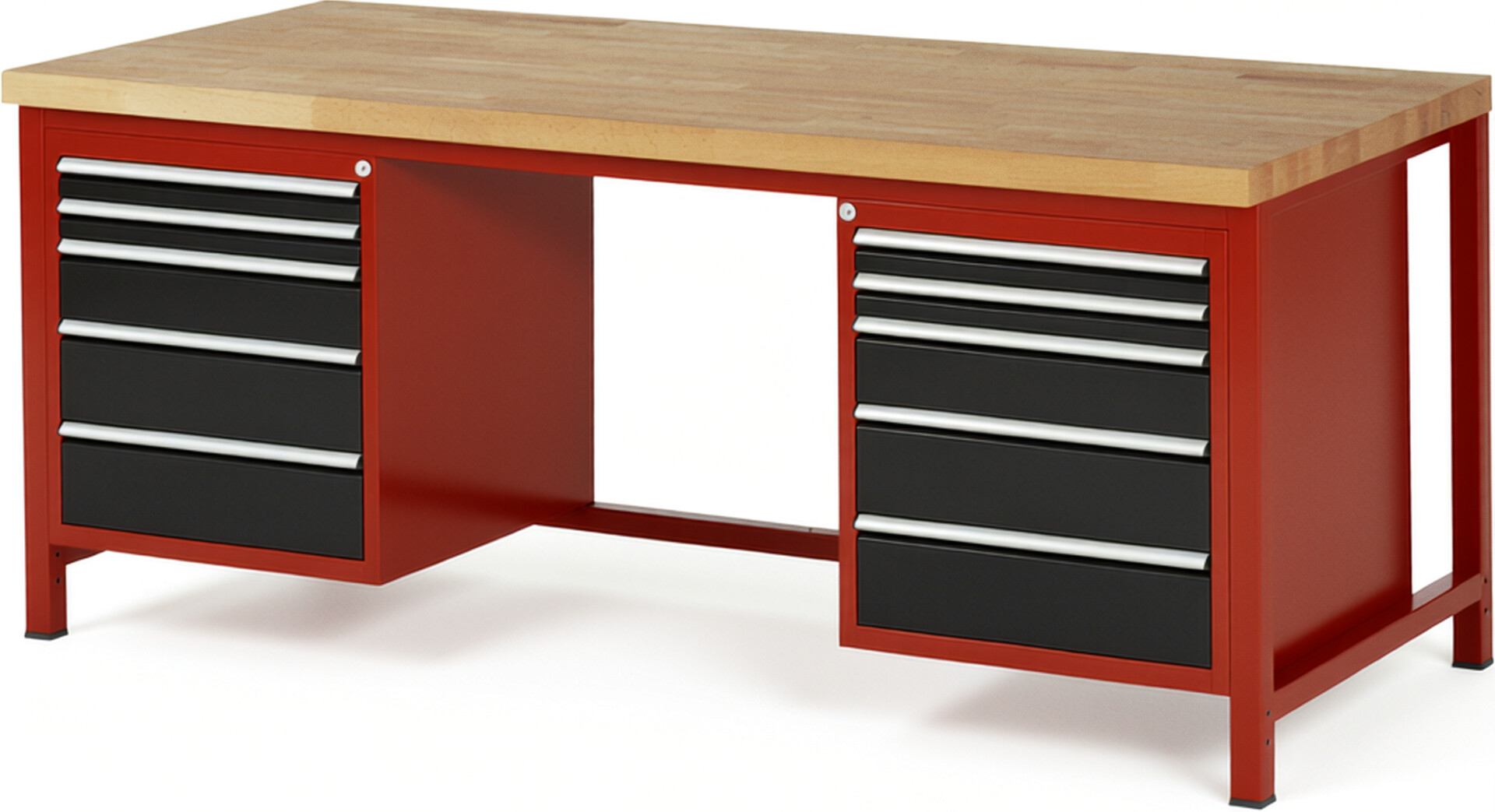 Werkbank Modell 8184 rot - schwarz, BxTxH 2000x900x840-1040 mm,  Buche-Massiv Arbeitsplatte 40 mm,  10 Schubladen mit  Vollauszug 100 % und  SoftClosing