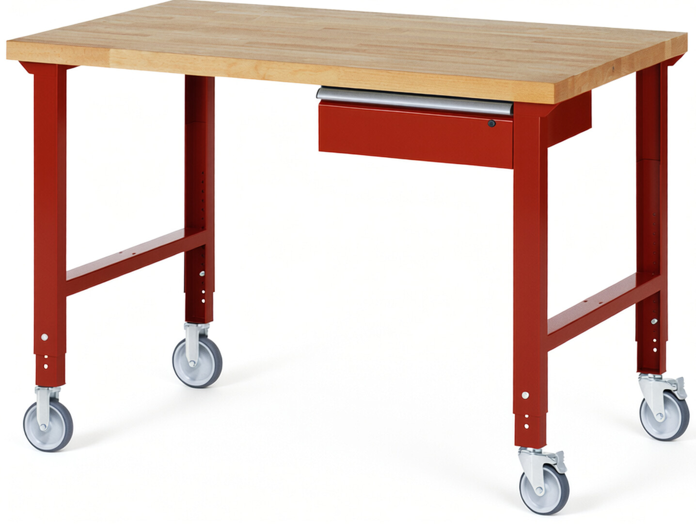 Fahrbare Werkbank Modell 7001 rot, BxTxH 1500x900x950-1000 mm,  Buche-Massiv Arbeitsplatte 40 mm,  1 Schublade mit  Auszug 90 %