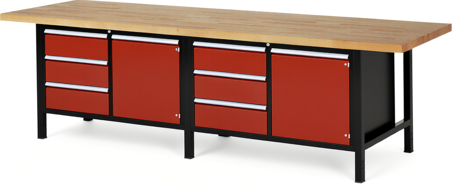 RAU Werkbank schwarz - rot - Breite 300 cm - Tiefe 90 cm - Höhe 104 cm - Buche-Massiv Arbeitsplatte 40 mm