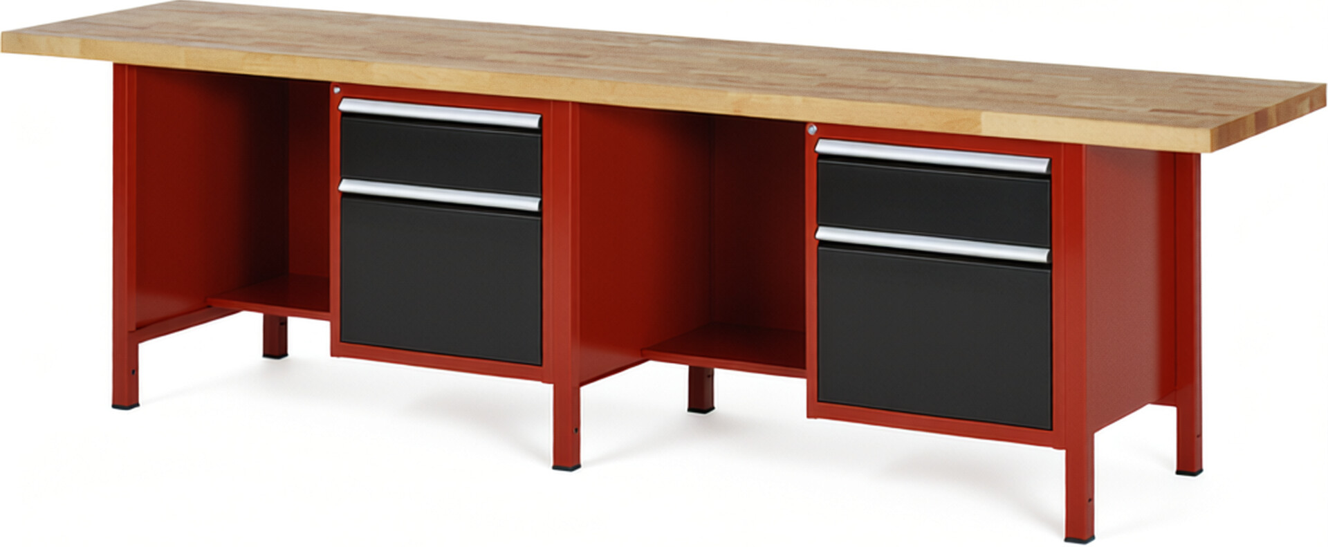 Werkbank Modell 8451 rot - schwarz, BxTxH 3000x700x840-1040 mm,  Buche-Massiv Arbeitsplatte 40 mm,  4 Schubladen mit  Auszug 90 %