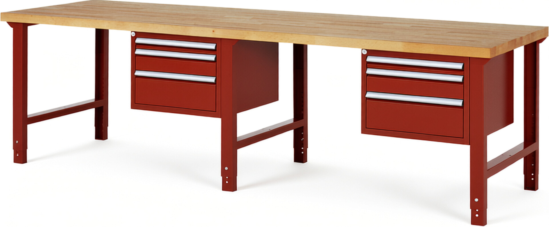 Werkbank Modell 7126 rot, BxTxH 3000x900x790-1140 mm,  Buche-Massiv Arbeitsplatte 40 mm,  6 Schubladen mit  Auszug 90 %