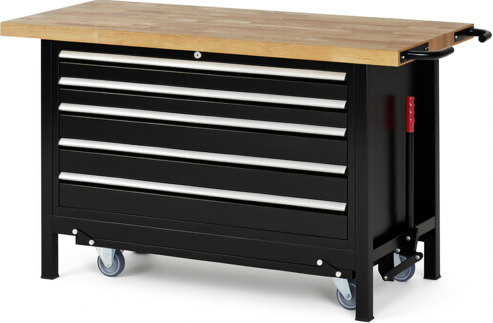 Absenkbare Werkbank Modell 8371 schwarz, BxTxH 1500x700x880 mm,  Buche-Massiv Arbeitsplatte 40 mm,  5 Schubladen mit  Vollauszug 100 % und  SoftClosing