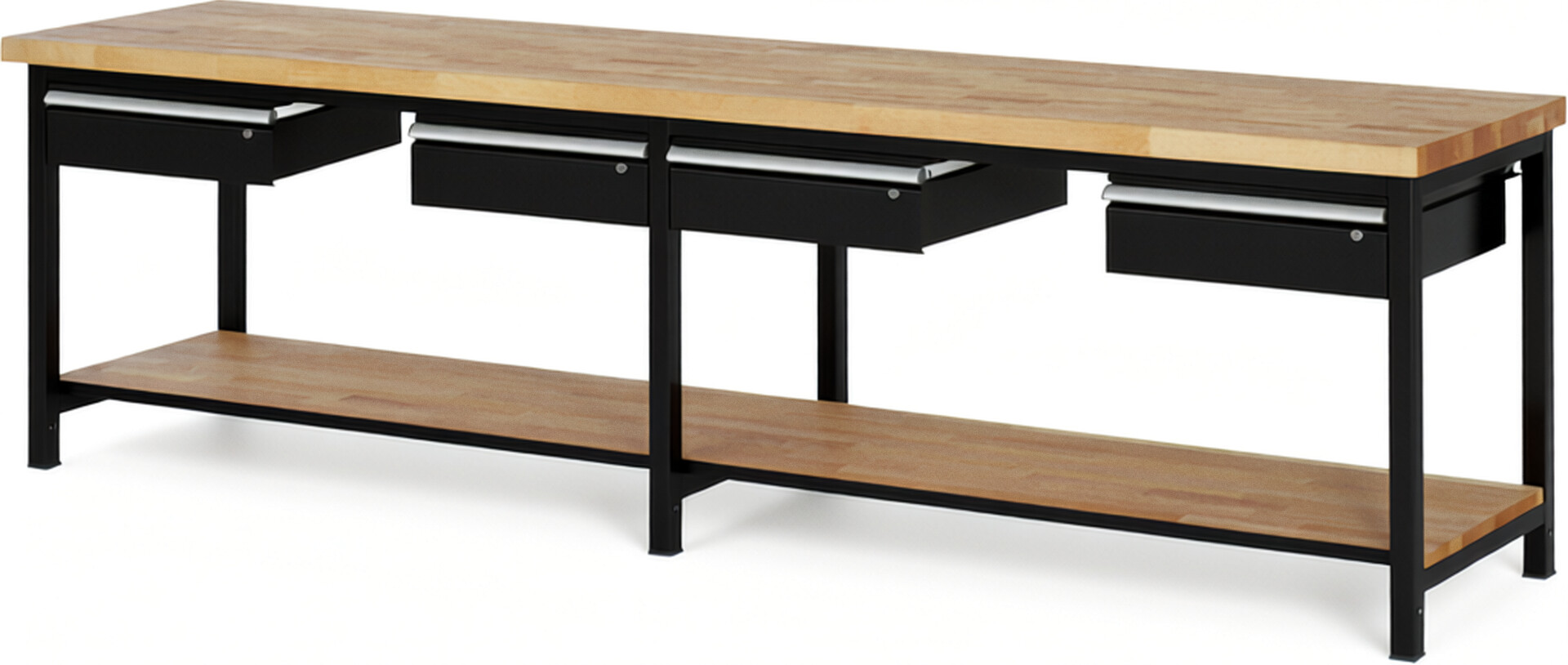 Werkbank Modell 8002 schwarz, BxTxH 3000x700x840-1040 mm,  Buche-Massiv Arbeitsplatte 40 mm,  4 Schubladen mit  Auszug 90 %
