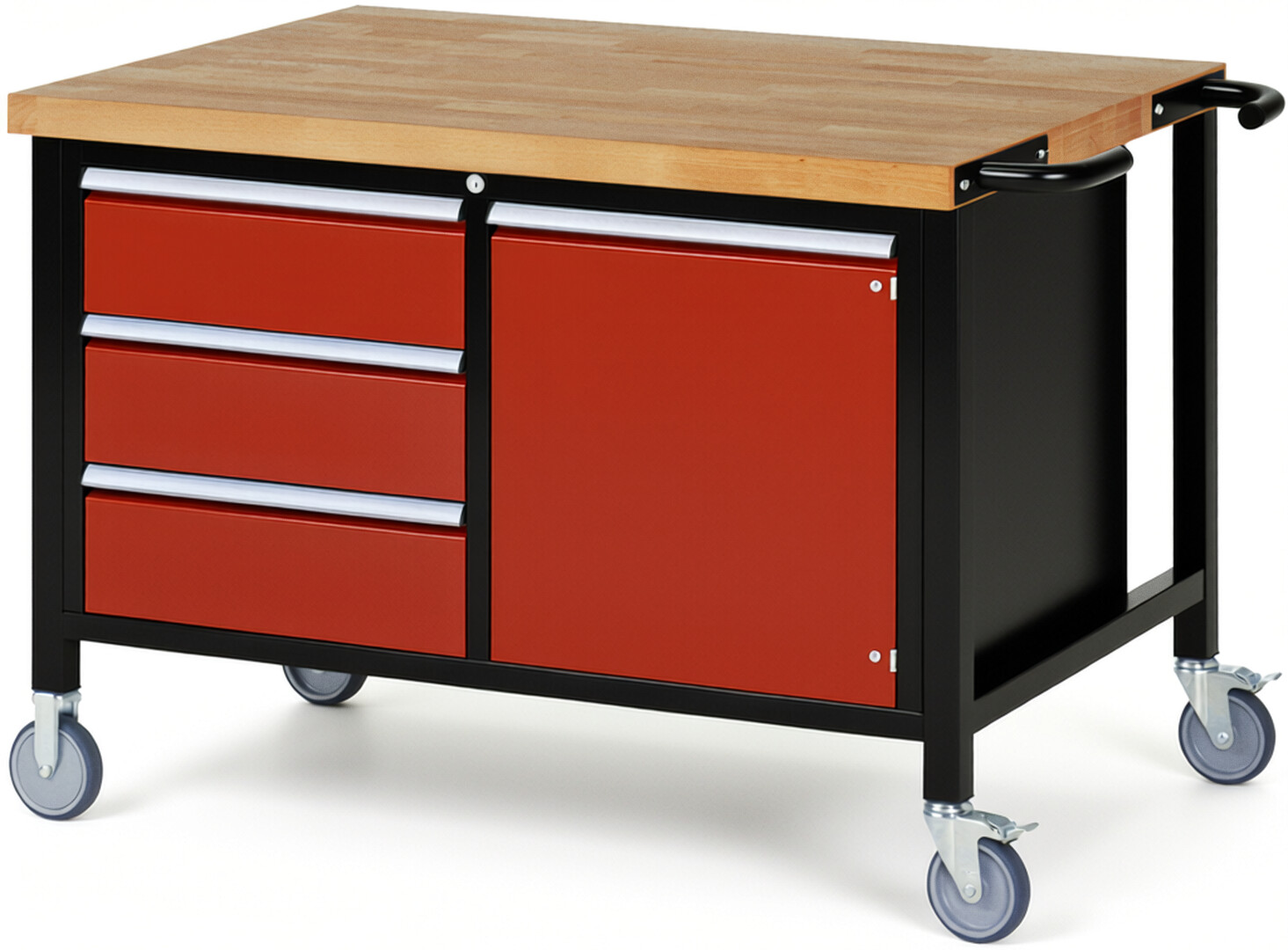 Fahrbare Werkbank Modell 8468 schwarz-rot, BxTxH 1250x900x880-1080 mm,  Buche-Massiv Arbeitsplatte 40 mm,  3 Schubladen mit  Vollauszug 100 % und  SoftClosing