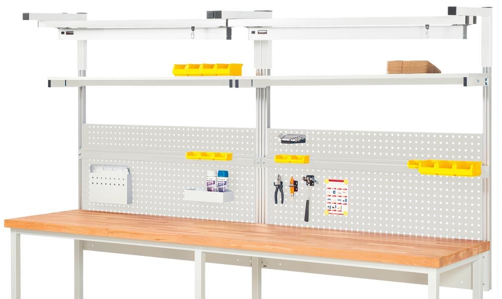 Aufbau für Werkbank B 3000 mm mit Auslegerpaar, 2 x Laufschiene, Laufwagen, LED-Leuchte, Lochplatte H 450mm, Halteschiene, RAL 7035