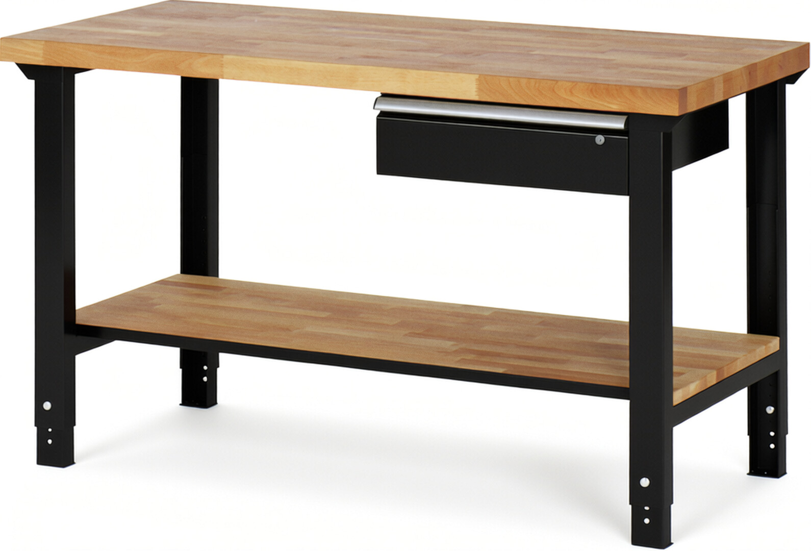 Werkbank Modell 7001 schwarz, BxTxH 1500x700x790-1140 mm,  Buche-Massiv Arbeitsplatte 40 mm,  1 Schublade mit  Auszug 90 %