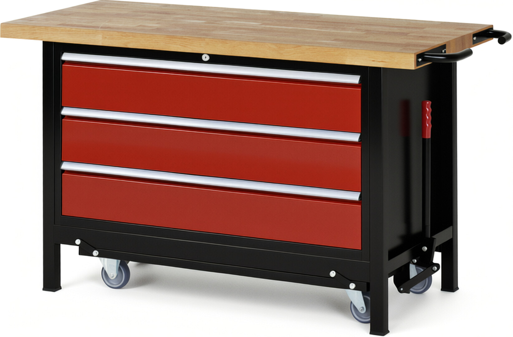 RAU Werkbank schwarz - rot - Breite 150 cm - Tiefe 70 cm - Höhe 88 cm - Buche-Massiv Arbeitsplatte 40 mm