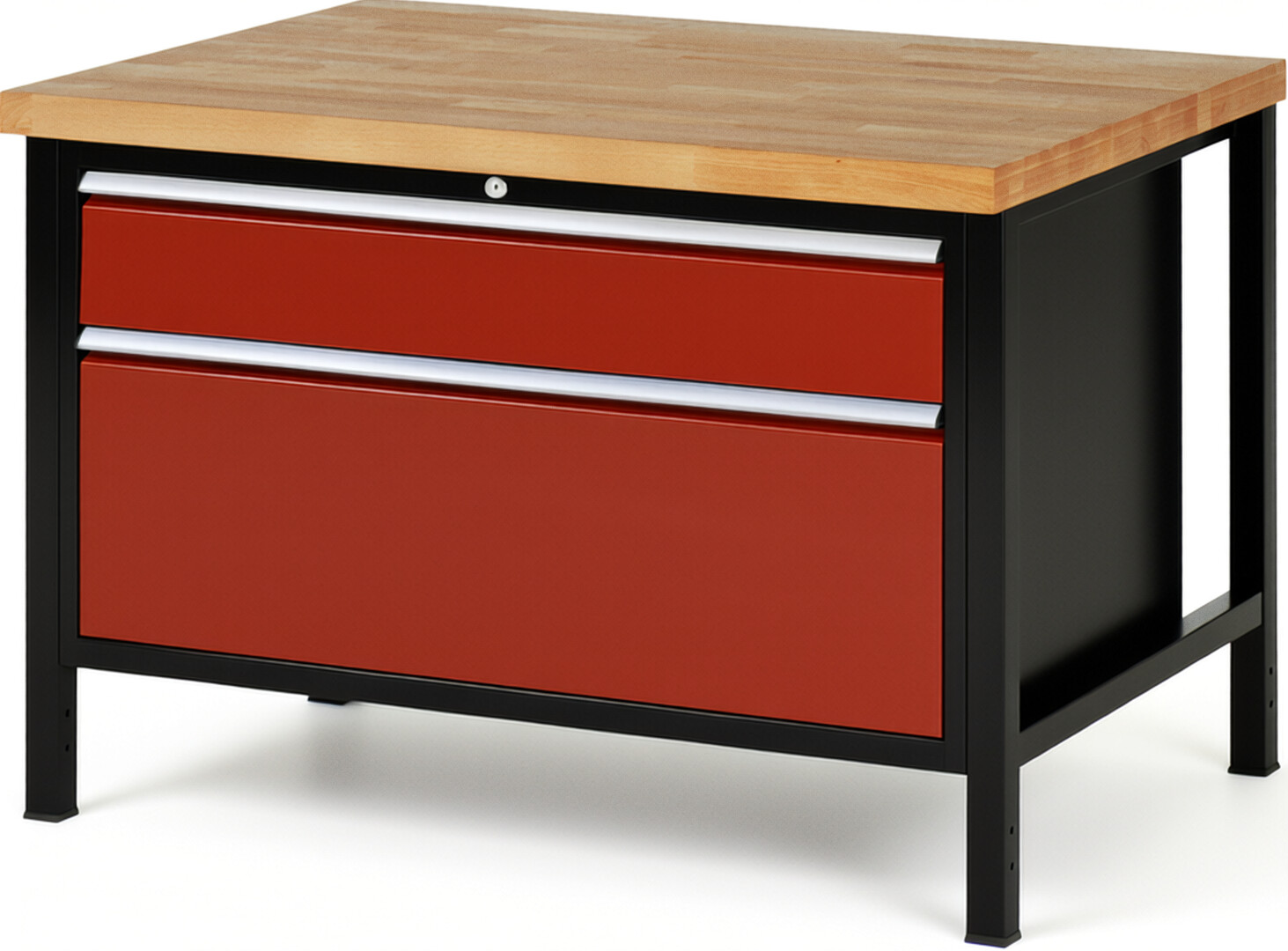 RAU Werkbank schwarz - rot - Breite 125 cm - Tiefe 90 cm - Höhe 104 cm - Buche-Massiv Arbeitsplatte 40 mm