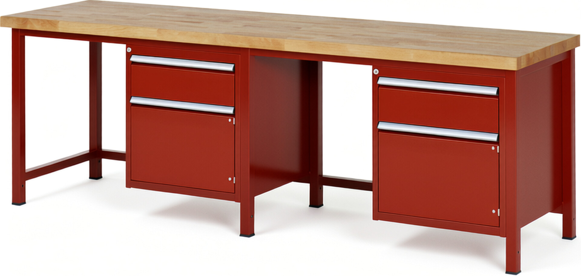 Werkbank Modell 8152 rot, BxTxH 2500x700x840-1040 mm,  Buche-Massiv Arbeitsplatte 40 mm,  2 Schubladen mit  Auszug 90 %