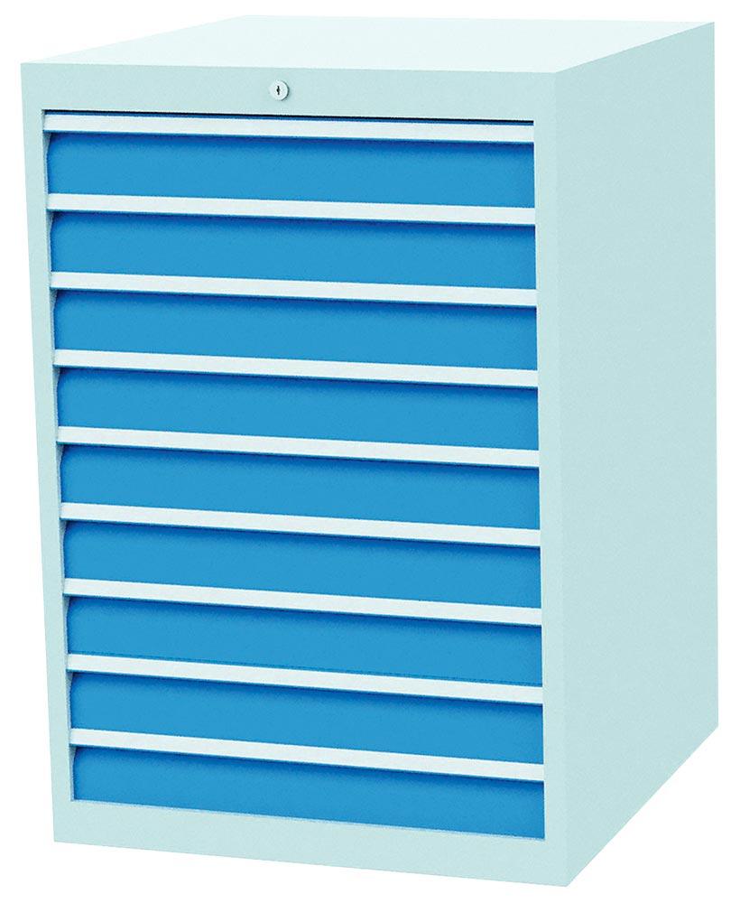 Schubladenschrank, 9 Schubladen:9x100, Zylinderschloss, BxTxH705x736x1019mm, RAL7035/5012
