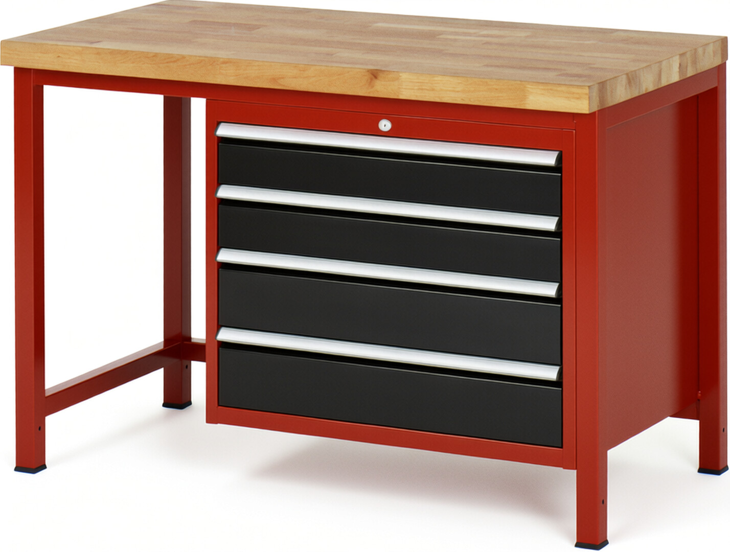 Werkbank Modell 8262 rot - schwarz, BxTxH 1250x700x840 mm,  Buche-Massiv Arbeitsplatte 40 mm,  4 Schubladen mit  Vollauszug 100 % und  SoftClosing