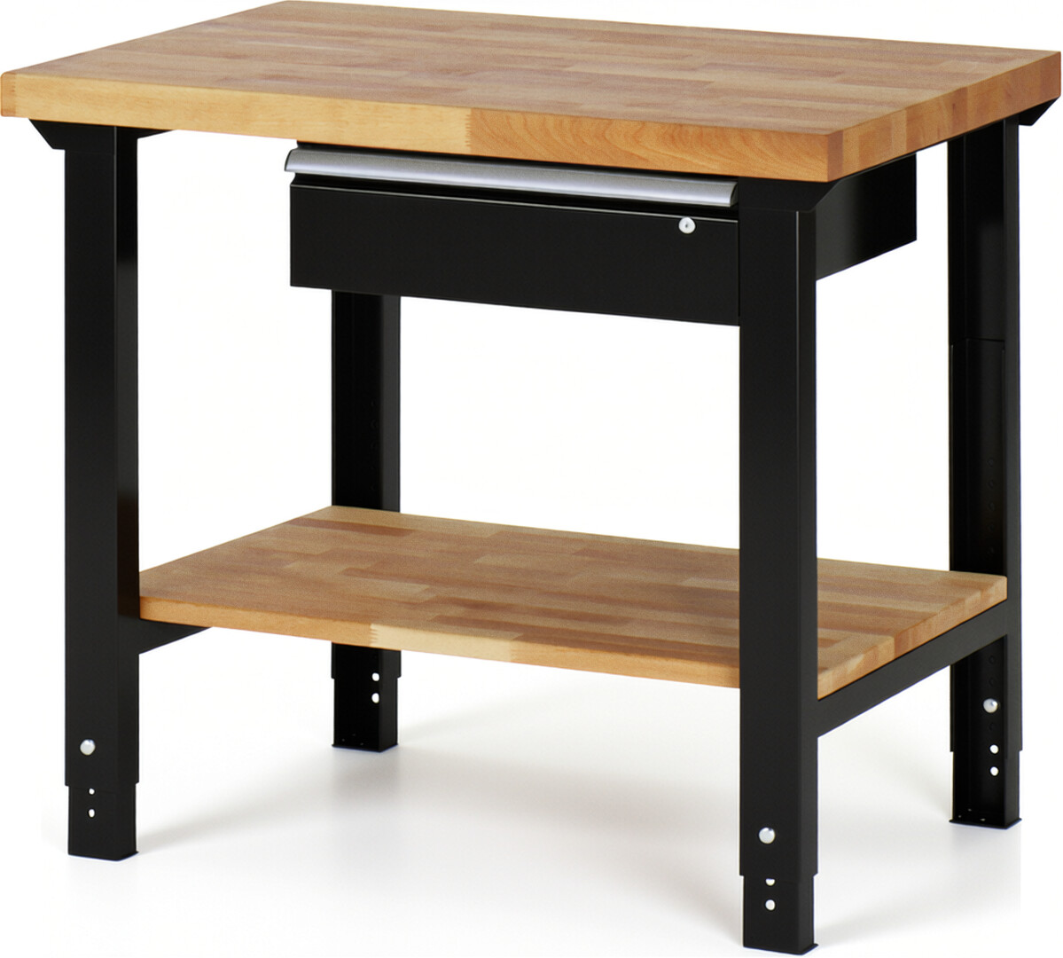 Werkbank Modell 7001 schwarz, BxTxH 1000x700x790-1140 mm,  Buche-Massiv Arbeitsplatte 40 mm,  1 Schublade mit  Auszug 90 %