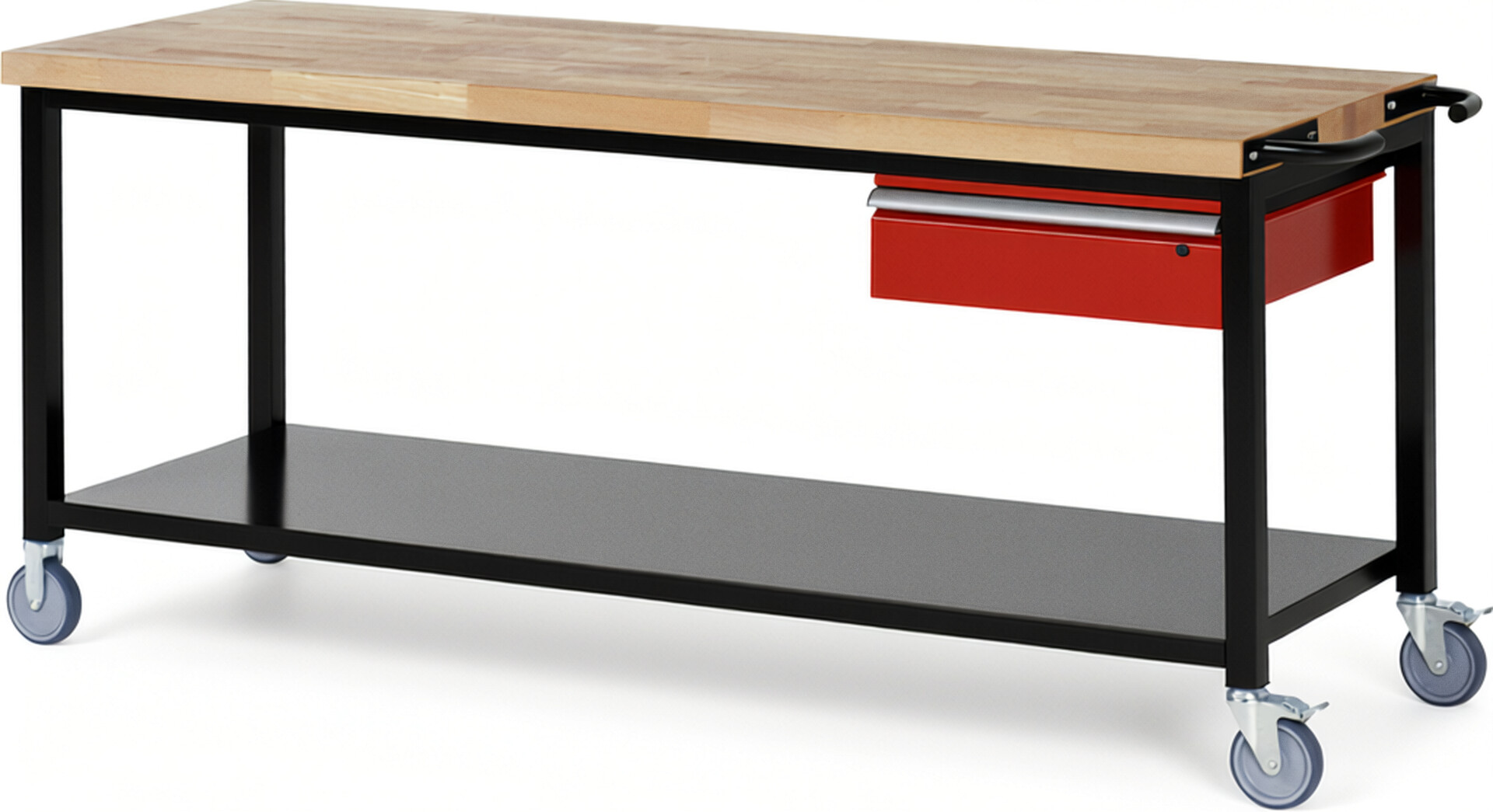 RAU Werkbank schwarz - rot - Breite 200 cm - Tiefe 70 cm - Höhe 108 cm - Buche-Massiv Arbeitsplatte 40 mm