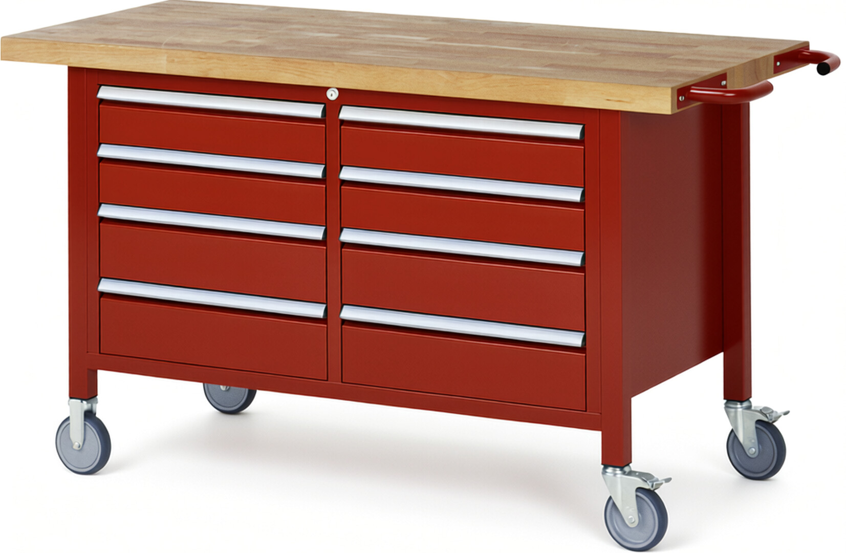 Fahrbare Werkbank Modell 8477 rot, BxTxH 1500x700x880 mm,  Buche-Massiv Arbeitsplatte 40 mm,  8 Schubladen mit  Vollauszug 100 % und  SoftClosing
