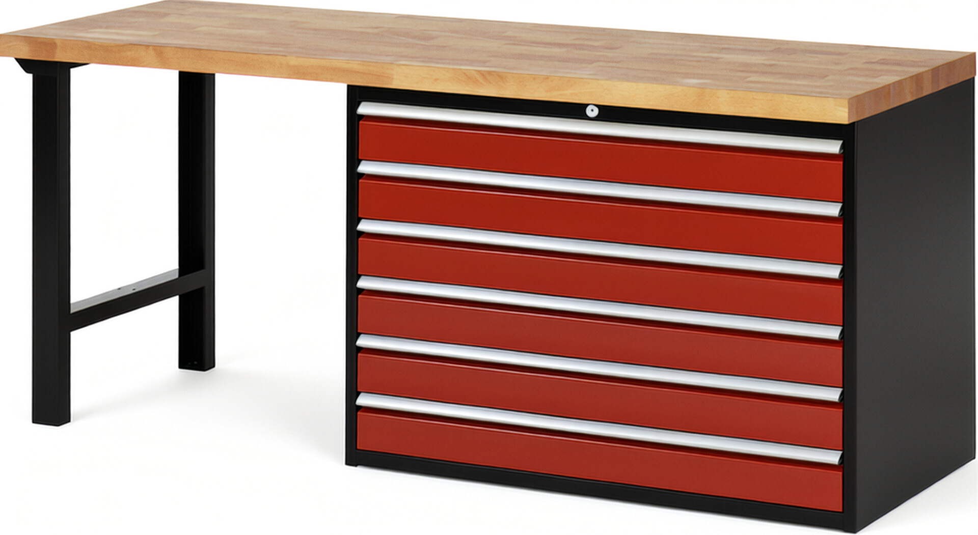 RAU Werkbank schwarz - rot - Breite 200 cm - Tiefe 70 cm - Höhe 84 cm - Buche-Massiv Arbeitsplatte 40 mm