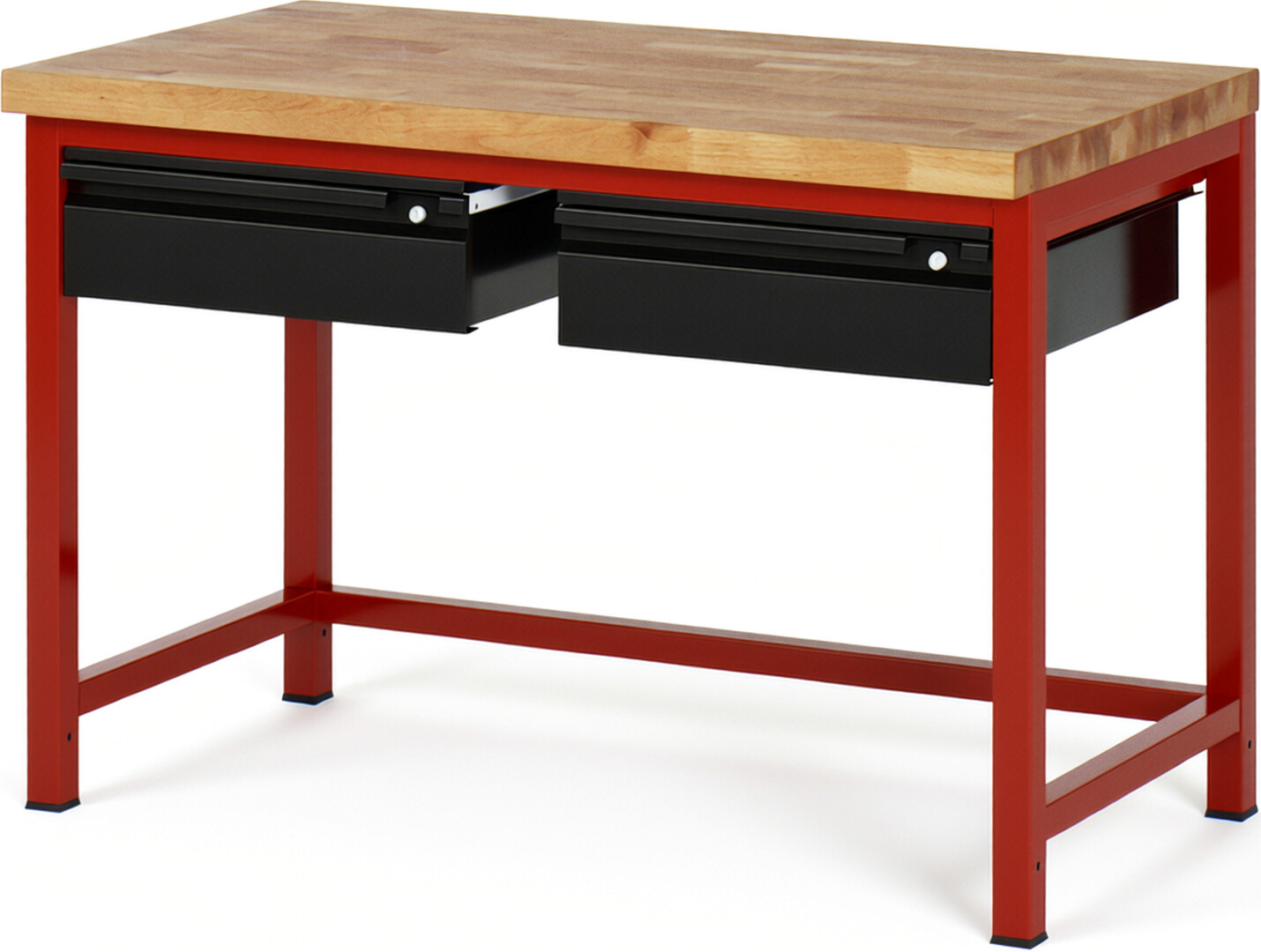 Werkbank - Modell 8002 BASIC rot - schwarz, BxTxH 1250x700x840 mm,  Buche-Massiv Arbeitsplatte 40 mm,  2 Schubladen mit  Auszug 90 %