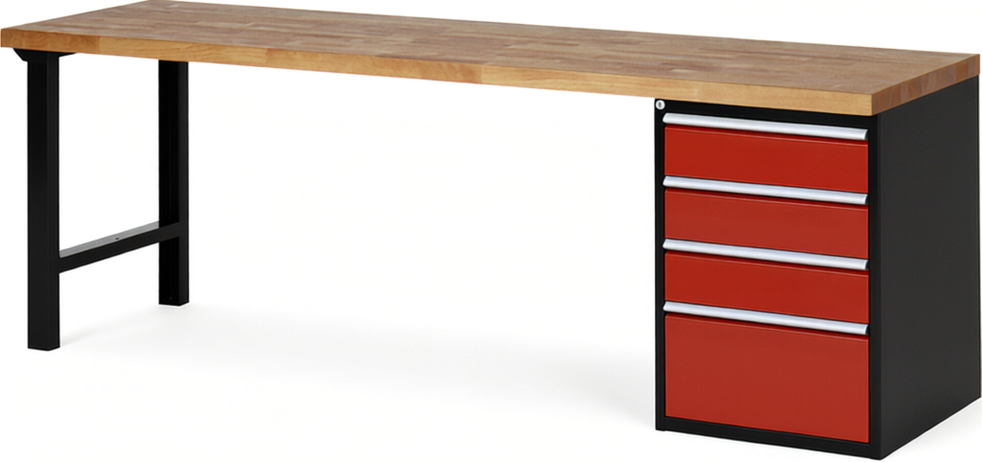 RAU Werkbank schwarz - rot - Breite 250 cm - Tiefe 70 cm - Höhe 89 cm - Buche-Massiv Arbeitsplatte 40 mm