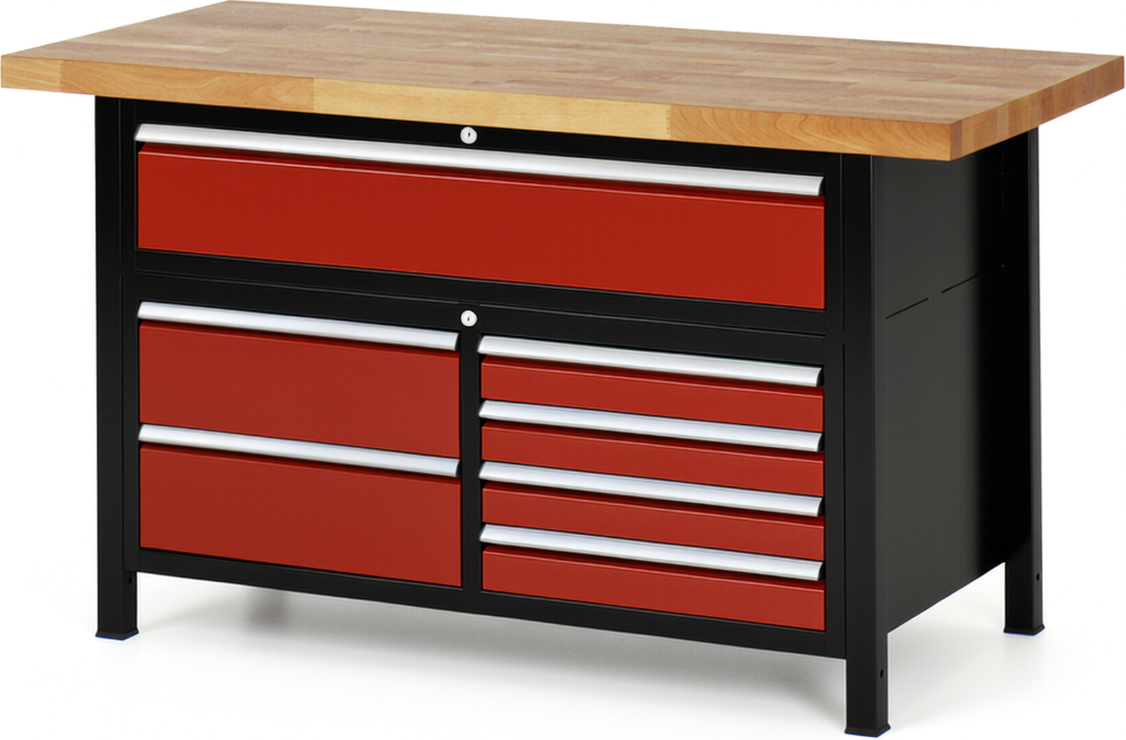 Werkbank Modell 8921 schwarz-rot, BxTxH 1500x700x840-1040 mm,  Buche-Massiv Arbeitsplatte 40 mm,  7 Schubladen mit  Vollauszug 100 % und  SoftClosing