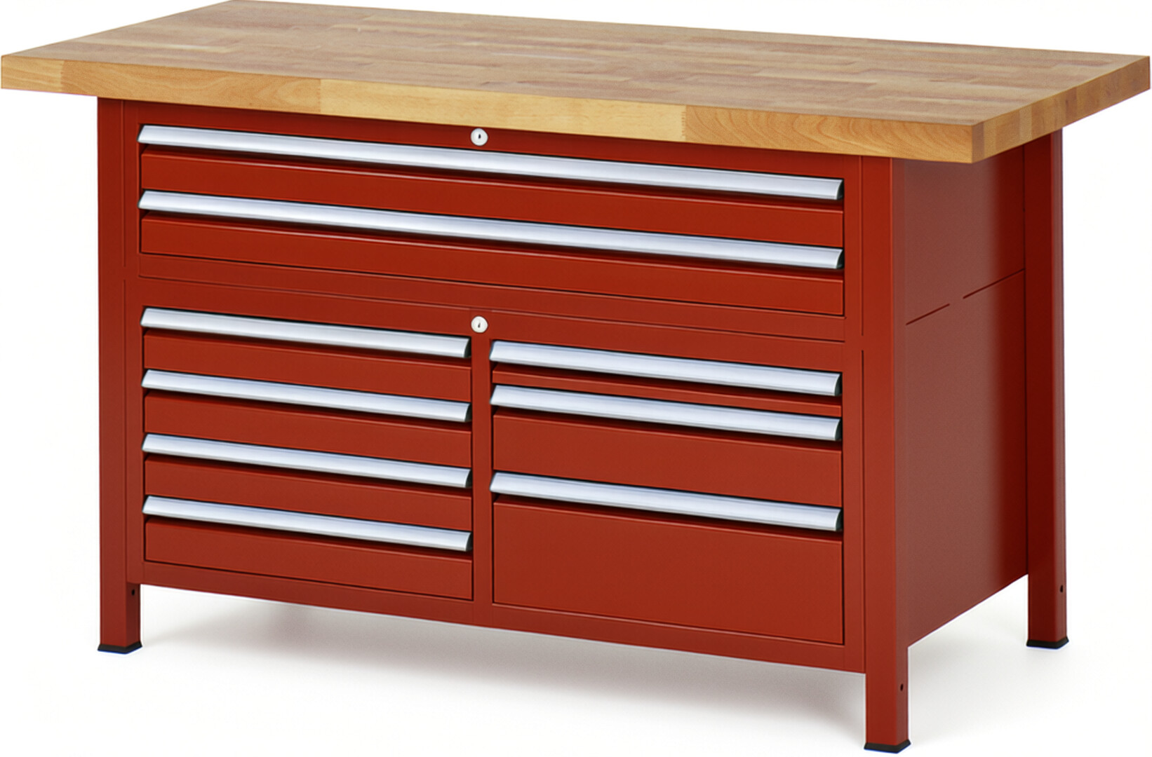 Werkbank Modell 8923 rot, BxTxH 1500x700x840-1040 mm,  Buche-Massiv Arbeitsplatte 40 mm,  9 Schubladen mit  Vollauszug 100 % und  SoftClosing