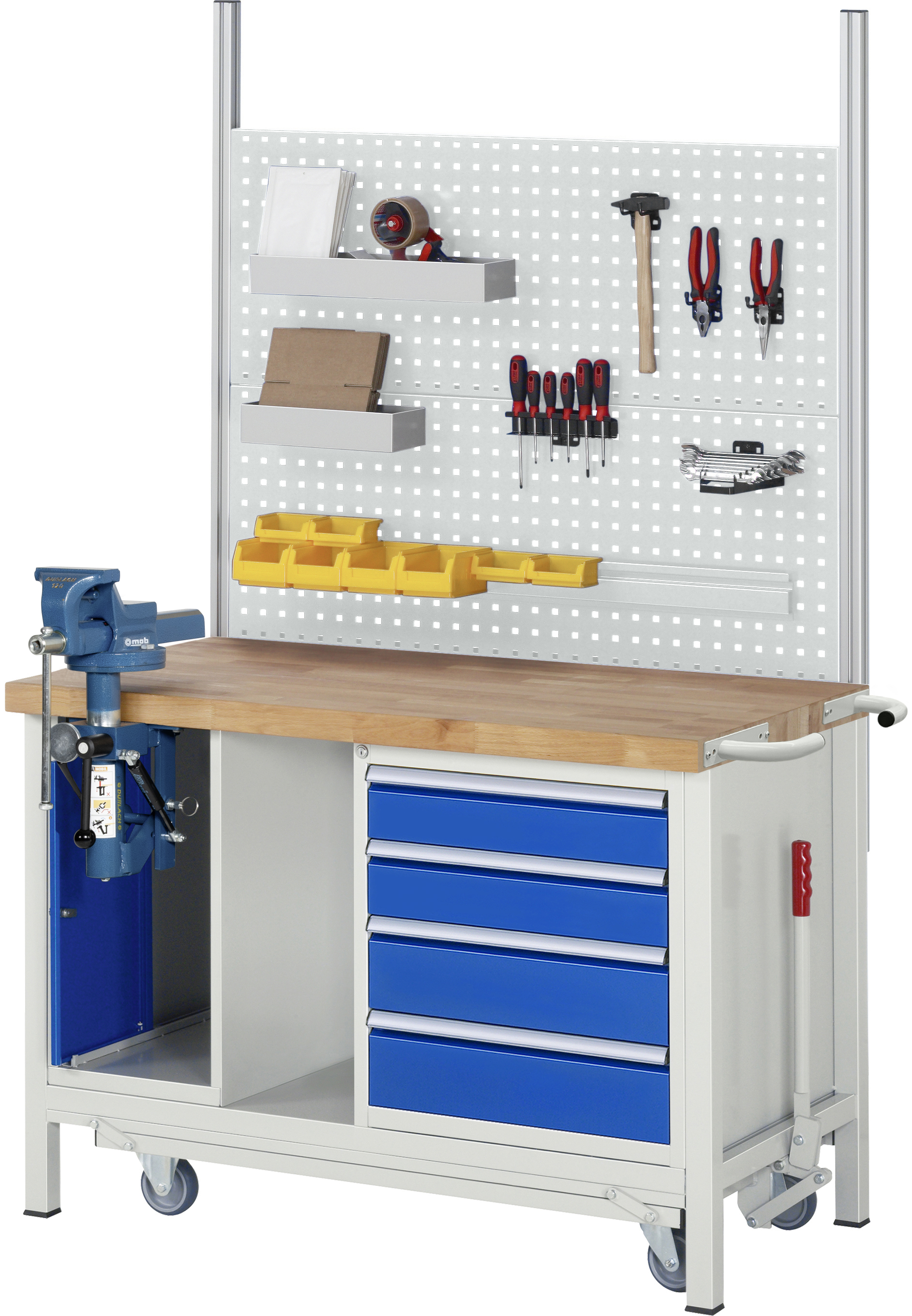 Absenkbare Werkbank Modell 8181 rot - schwarz, BxTxH 1250x700x880 mm,  Buche-Massiv Arbeitsplatte 40 mm,  1 Schublade mit  Vollauszug 100 % und  SoftClosing