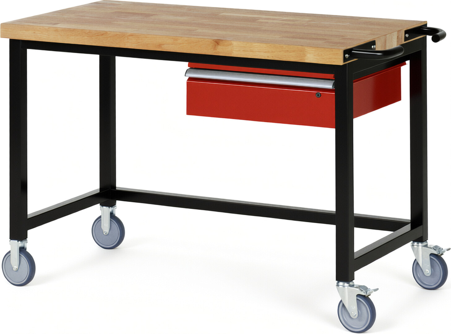 RAU Werkbank schwarz - rot - Breite 125 cm - Tiefe 70 cm - Höhe 108 cm - Buche-Massiv Arbeitsplatte 40 mm