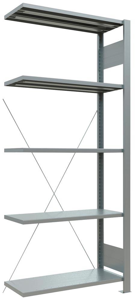 Lagerregal, Steckregal, Anbaufeld, verzinkt, 5 Fachböden, ohne Anschlagleiste, Fachlast 85 kg, BxTxH 750x300x1800 mm