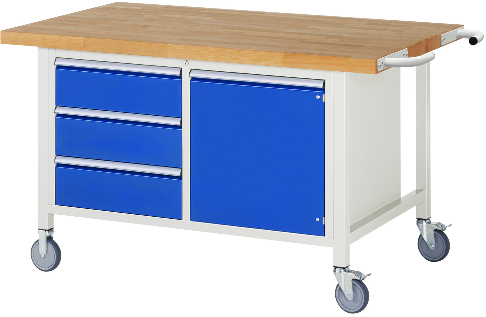 Fahrbare Werkbank Modell 8468,  BxTxH 1500x900x880 mm,  Buche-Massiv Arbeitsplatte 40 mm,  3 Schubladen mit  Vollauszug 100 % und  SoftClosing